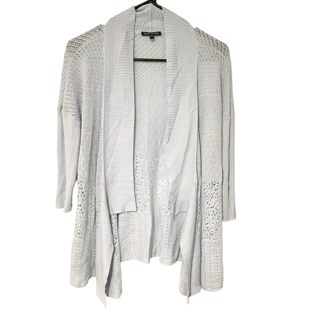 Eileen Fisher Size Medium Blue Silk‎ Blend Crochet Open Front Draped Cardigan